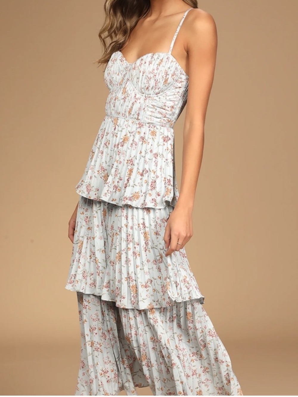 Cascading Crush Pale Blue Floral Print Tiered Bustier Midi Dress